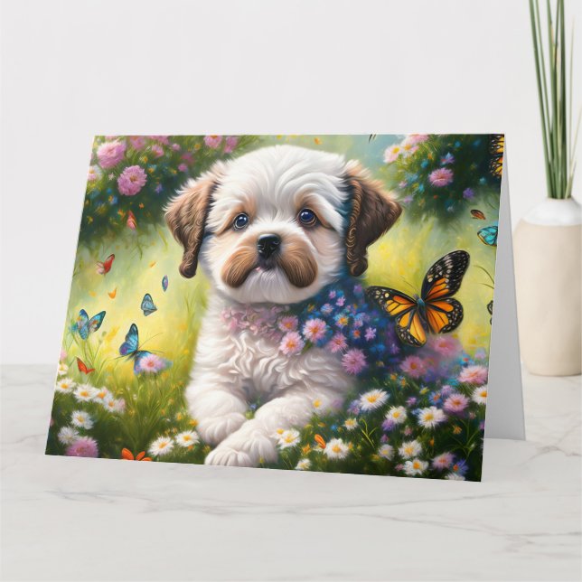 Tarjeta Hund in Blumenwiese mit Schmetterlingen (Anverso)