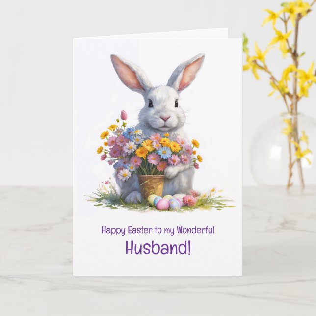 Tarjeta Husband Happy Easter with Cute Bunny (flor amarilla)