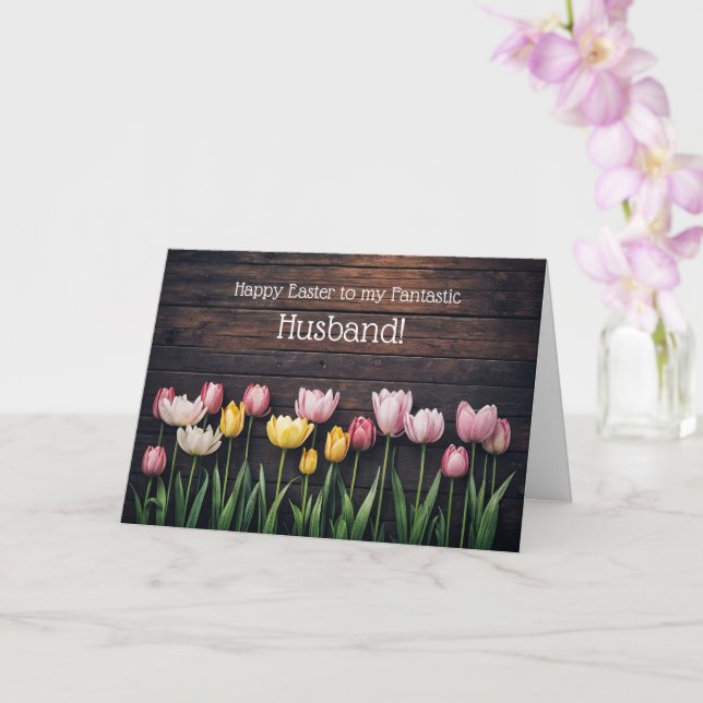 Tarjeta Husband Happy Easter with Tulips and Rustic Wood  (Orquídea)
