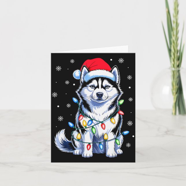 Tarjeta Husky Dog Christmas Lights Santa Hat Family Xmas P (Anverso)