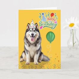 Tarjeta Husky Dog in a Party Hat on Yellow Birthday