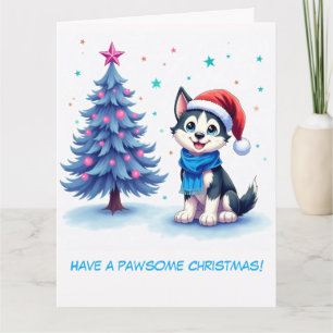Tarjeta Husky ilustrado y árbol de Navidad