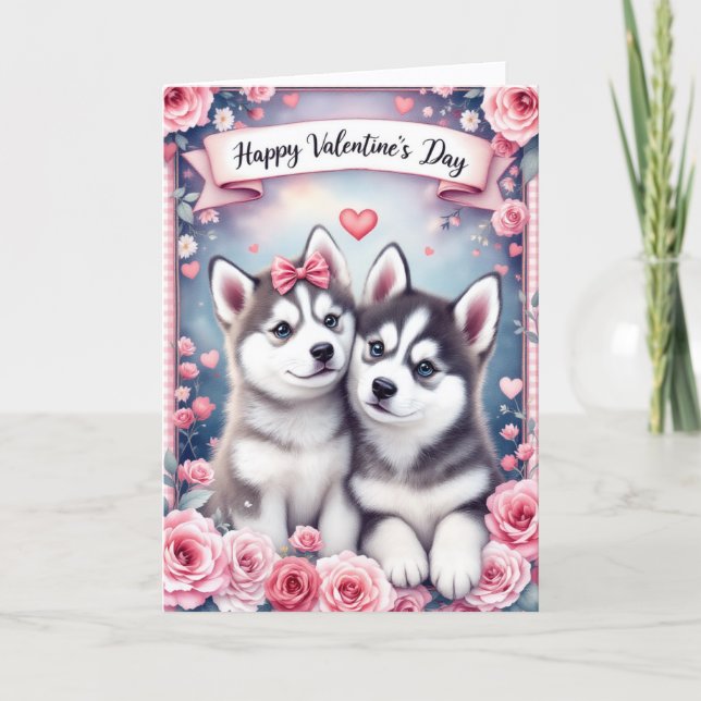 Tarjeta Husky Puppy Dogs Valentine's Day Greeting Card (Anverso)