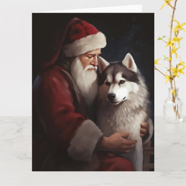 Tarjeta Husky Siberiano Con Navidades festivos de Santa Cl (flor amarilla)
