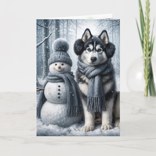 Tarjeta Husky siberiano con un hombre de nieve (Anverso)