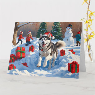 Tarjeta Husky Siberiano Corriendo en la Nieve con Sombrero