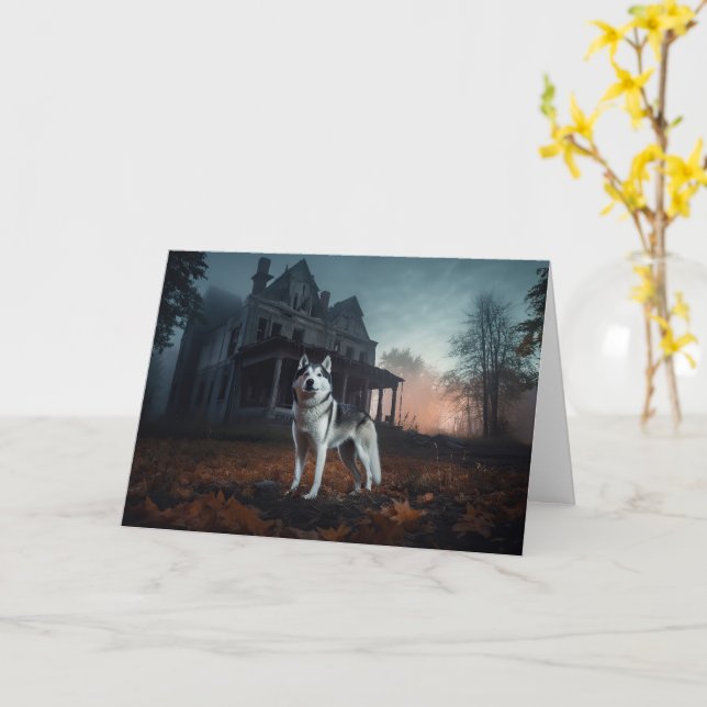 Tarjeta Husky Siberiano de Halloween Espantoso (flor amarilla)