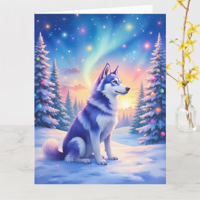 Tarjeta Husky Siberiano Luces del Norte Navidad Invierno (flor amarilla)