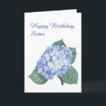 Tarjeta Hydrangea Bouquet Sister Cumpleaños<br><div class="desc">Un elegante paquete hidrangea honra la parte delantera de esta tarjeta de cumpleaños. La horangea azul, dibujada con pasteles, crea un diseño delicado y llamativo para honrar a tu hermana. Las palabras "Feliz cumpleaños, hermana" están escritas al otro lado del frente. En el interior hay un sentimiento irónico que uno...</div>