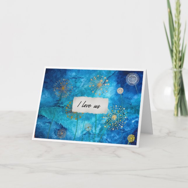 Tarjeta I Love Us Blue Watercolour Gold Floral Card (Anverso)