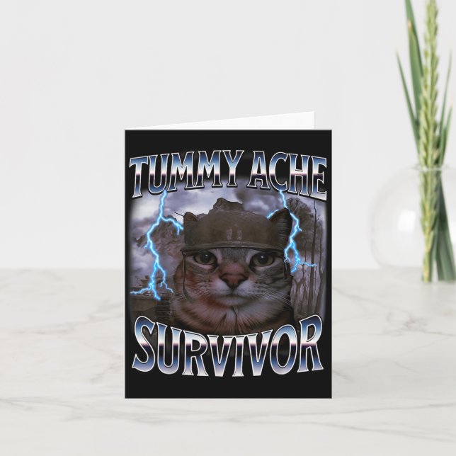 Tarjeta I Survived Today's Tummy Ache Funny Silly Cat Meme (Anverso)