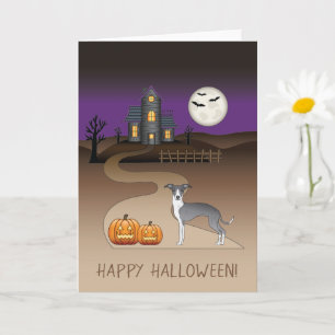 Tarjeta Iggy azul y blanco y casa embrujada de Halloween