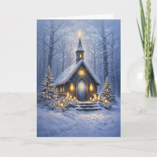 Tarjeta Iglesia de campo de Navidad en el bosque con luces