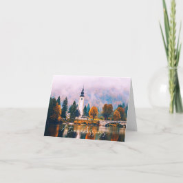 Tarjeta Iglesia de otoño y puente con texto personalizado