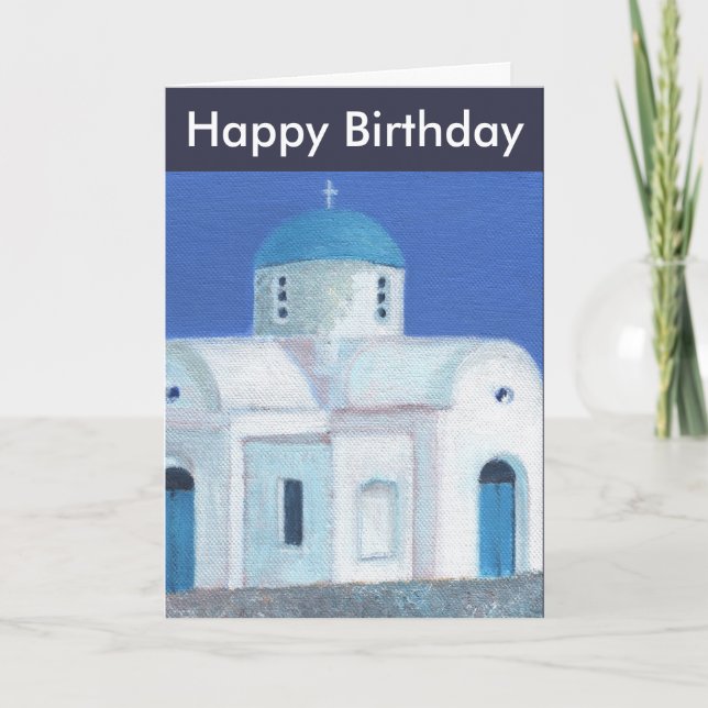 Tarjeta Iglesia Grecochipriota Azul Y Blanca Feliz Cumplea (Anverso)