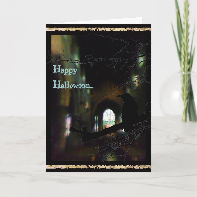 Tarjeta Iglesia Oscura y Raven Happy Haloween (Anverso)