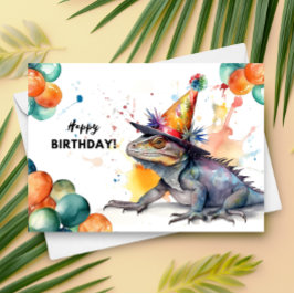 Tarjeta Iguana con globos y Gorra Fiesta Feliz cumpleaños