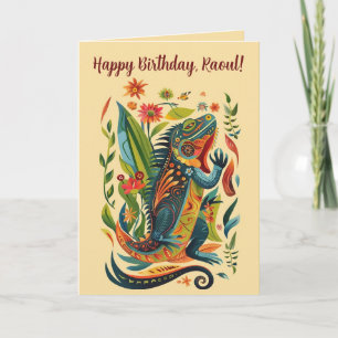 Tarjeta Iguana de arte popular editable Cumpleaños