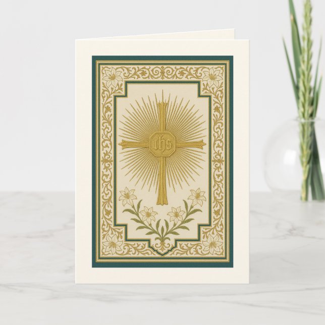 Tarjeta IHS Christogram Cross Lilies Católica Elegante (Anverso)