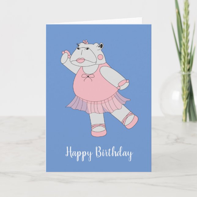 Tarjeta illusima Ballerina Hippo Blue Birthday (Anverso)