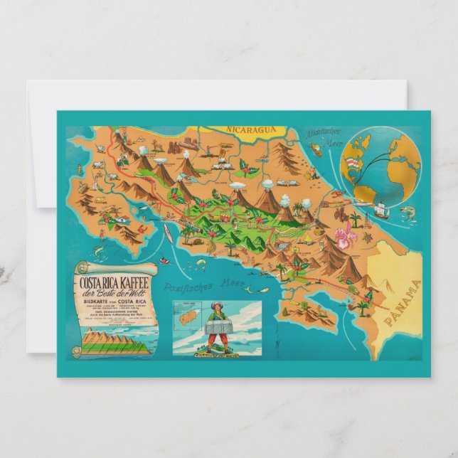 Tarjeta Illustrated COSTA RICA Map 5x7 Card (Anverso)
