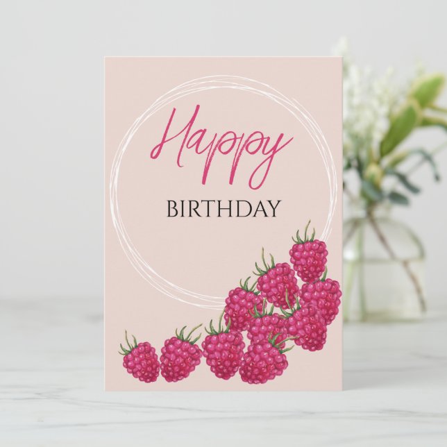 Tarjeta Ilustracion acuático de frambuesas rosadas (Anverso de pie)