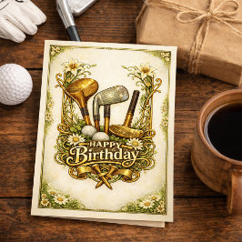 Tarjeta Ilustración Antigüedad de Golf Dorado Cumpleaños