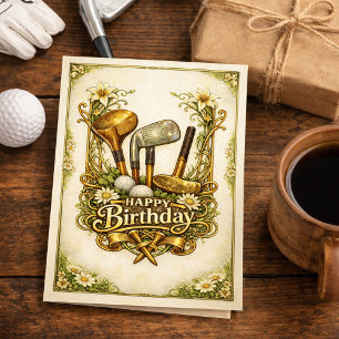 Tarjeta Ilustración Antigüedad de Golf Dorado Cumpleaños