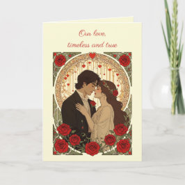 Tarjeta Ilustración Art Nouveau de Romance y Rosas Rojas