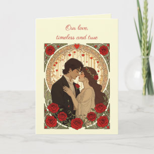Tarjeta Ilustración Art Nouveau de Romance y Rosas Rojas