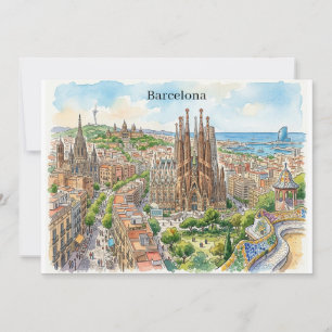 Tarjeta Ilustración de acuarela del paisaje urbano de Barc