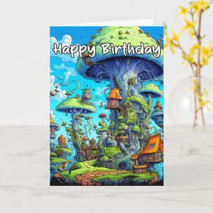 Tarjeta Ilustracion de aldea hongos con resumen creativo