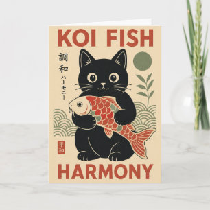Tarjeta Ilustración de armonía japonesa de gato de pez koi