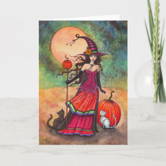 Tarjeta Ilustración de bruja y gatos de Halloween de Octub