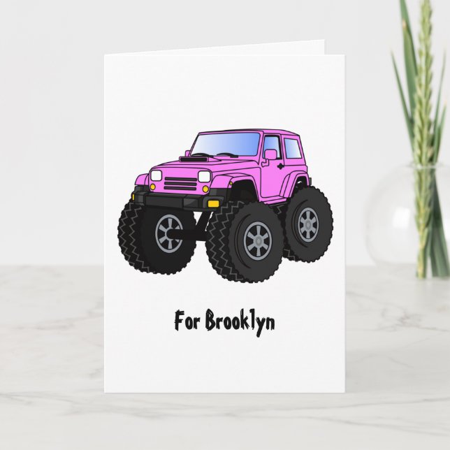 Tarjeta Ilustración de camión monstruo rosa de dibujos ani (Anverso)