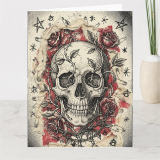 Tarjeta Ilustración de Cráneo y Rosas Grunge Punk