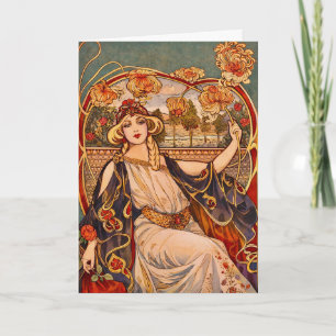 Tarjeta Ilustración de Diosa Floral Art Nouveau