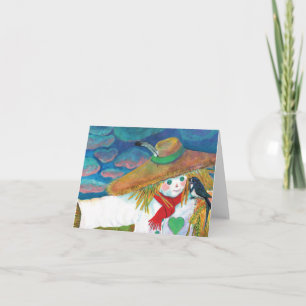 Tarjeta Ilustración de espantapájaros hablando con golondr