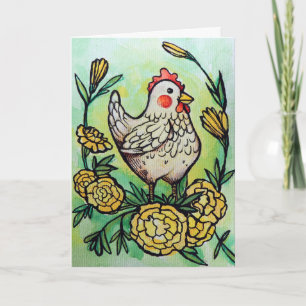 Tarjeta Ilustración de flor y pollo Gallinas          