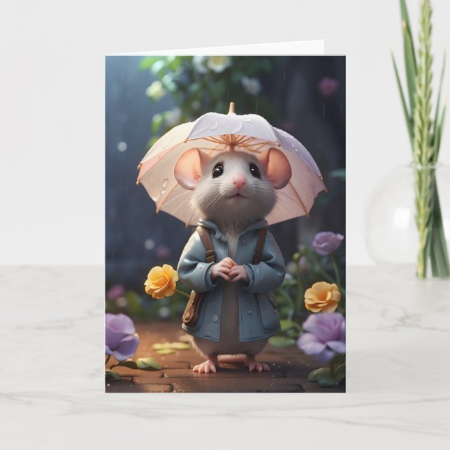 Tarjeta Ilustración de flores púrpuras de ratón adorable e (Anverso)