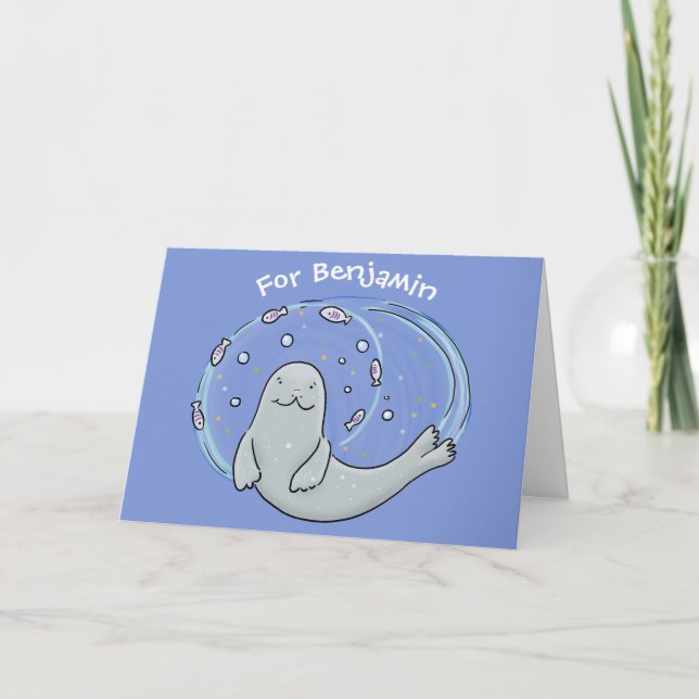 Tarjeta Ilustracion de foca feliz y personalizado azul de  (Anverso)