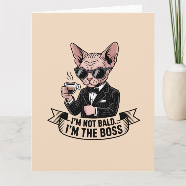 Tarjeta Ilustración de gato Sphynx jefe tomando café (Anverso)