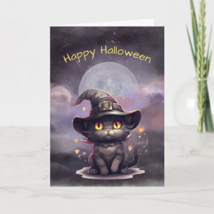 Tarjeta Ilustracion de Gorra de Brujas de Gato Negro de Ha