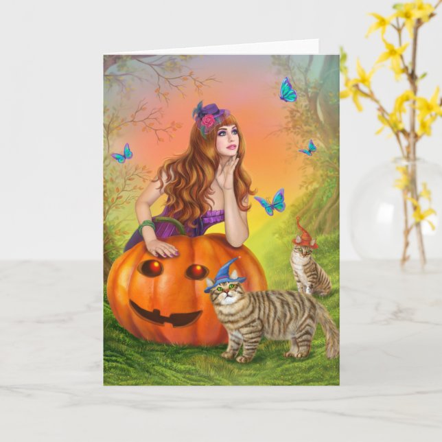Tarjeta Ilustracion de Halloween Una bella bruja con gatos (flor amarilla)