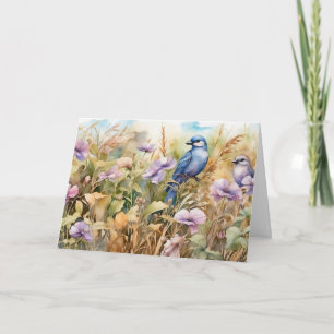 Tarjeta Ilustración de la naturaleza con aves y flores sil