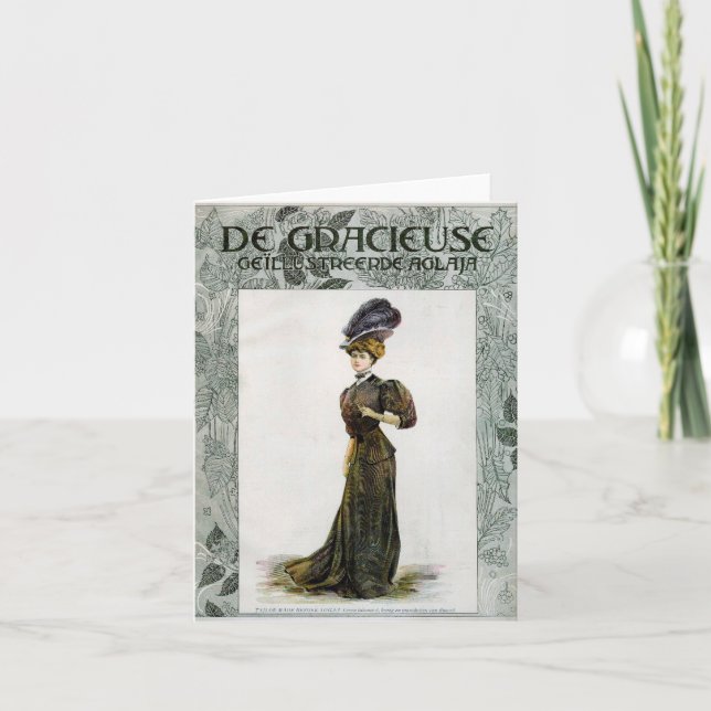 Tarjeta Ilustracion de moda de época Lady Feather Boa Gorr (Anverso)