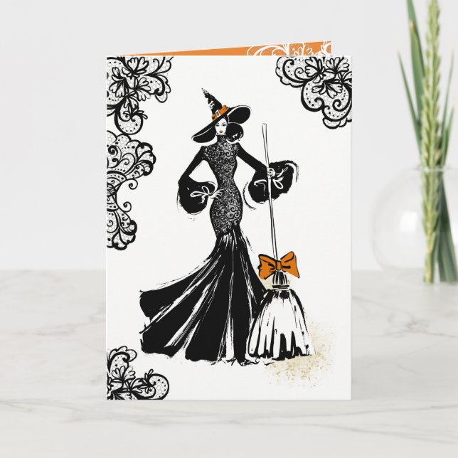 Tarjeta ilustracion de moda de halloween con encaje negro (Anverso)
