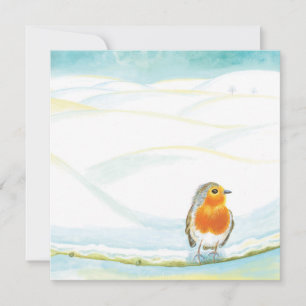 Tarjeta Ilustración de paisaje invernal blanco con petirro