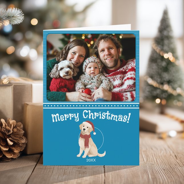 Tarjeta Ilustracion de Perro Azul Foto de la familia Feliz (Blue Dog Illustration Family Photo Merry Christmas Card)