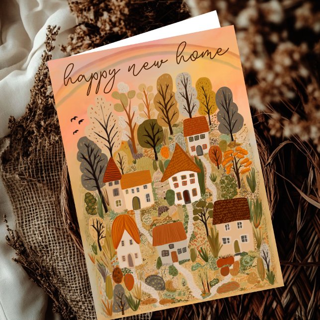 Tarjeta Ilustración de pueblo de otoño en el campo para es (HAPPY NEW HOME Congratulation on Moving to a New House Autumn Country Village Illustration Card
)